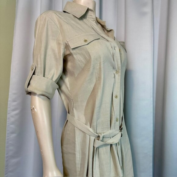 Theory Saige Shirt Belted Dress in Barley Color Linen Blend Women's Size 12 - Picture 3 of 7
